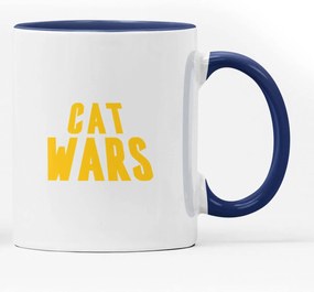 Caneca Cat Wars Geek Nerd Branca com Alça Azul Escuro