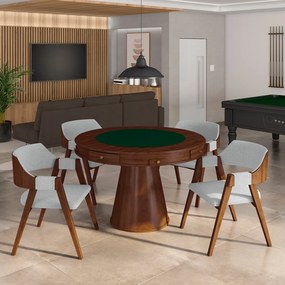 Conjunto Mesa de Jogos Carteado Bellagio Tampo Reversível Verde e 4 Cadeiras Madeira Poker Base Cone Linho Cinza/Imbuia G42 - Gran Belo