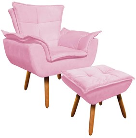 Poltrona e Puff Decorativo Pé Palito de Madeira Opala Suede D03 - D'Rossi - Rosa Bebê