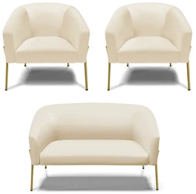 Namoradeira e 2 Poltronas Pé de Ferro Dourado Stella Sintético D03 - D'Rossi - Bege