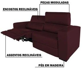 Sofá Reclinável Automático 210 cm Sala de Estar Rene Modern Couro Bordô G72 - Gran Belo