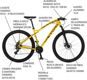 Bicicleta Esportiva Aro 29 Shimano Altus Suspensão Freio a Disco Toro Quadro 18 Alumínio Amarelo Fosco - Colli Bike