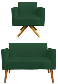 Kit 01 Namoradeira 02 Lugares e 01 Poltrona Marisa Suede Verde Base GiratĂłria Madeira MA30 D'Rossi
