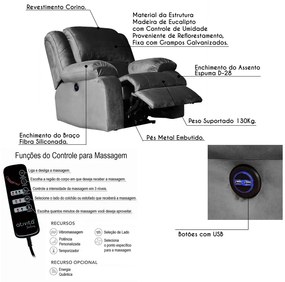Poltrona do Papai Reclinável Elétrica com Massagem e USB Magnum Veludo Cinza G23 - Gran Belo