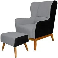 Poltrona Decorativa Base Madeira Milena e Puff Viseo C-05 C-416 Linho