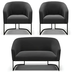 Namoradeira e 2 Poltronas Industrial Preto Stella Suede D03 - D'Rossi - Preto
