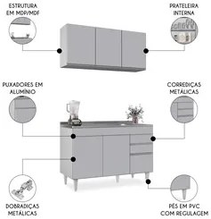 Armário de Cozinha Aéreo Virgínia e Balcão Com Pia 120cm Michigan Cinz