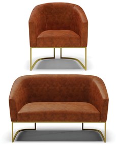 Sofá Namoradeira e Poltrona Base Industrial Dourado Stella Sintético PU D03 - D'Rossi - Nozes
