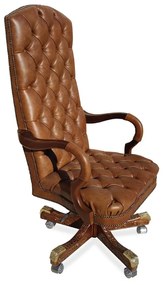 Cadeira Giratória Luxo Alta Capitonê Pés Madeira Entalhada Ajuste de Altura e Relax Design Clássico