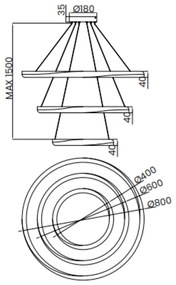 Pendente Wave 03 Aros Ø40 + Ø60 + Ø80Cm Led 80W 3000K Bivolt Dourado E...