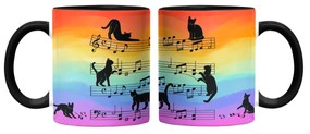 Caneca Gato Musical Arco Iris Cat Lover Colorida com Alça Preto