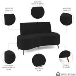 Sofá 2 Lugares para Sala Living 135cm Pés Palito Tamar Z08 Veludo Pret
