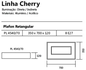 Plafon De Sobrepor Retangular Cherry 8L E27 35X70X12Cm | Usina 4540/70 (ORN-M - Ouro Novo Metálico)