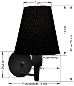 Arandela de Parede Vivare Md-2013 Preta Com Interruptor Liga e Desliga Cúpula em Tecido - Bivolt