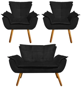 Namoradeira e 2 Poltronas PĂ© Palito Castanho Opala Suede Preto D03 - D'Rossi