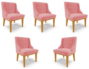 Kit 5 Cadeiras Decorativas Sala de Jantar Base Fixa de Madeira Firenze Suede Rose/Castanho G19 - Gran Belo