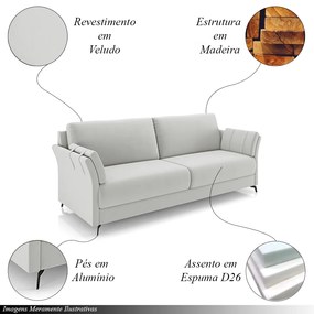 Conjunto Poltrona e Sofá Decorativo Violet 3 Lugares 223cm Pés em Alumínio Preto Veludo Cinza Claro G45 - Gran Belo