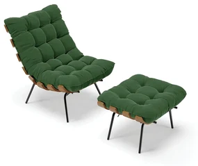 Kit 01 Poltrona e 01 Puff Costela Suede Verde Base Metálica Preto - D'Rossi