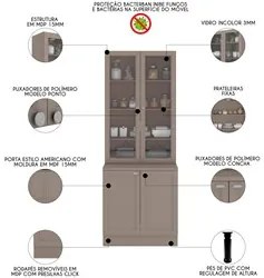 Armário Cristaleira para Cozinha 4 Portas 70cm Duna P09 Fumê - Mpozena