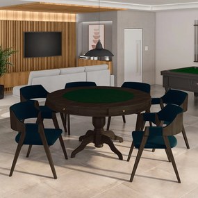 Conjunto Mesa de Jogos Carteado Bellagio Tampo Reversível e 6 Cadeiras Madeira Poker Base Estrela Veludo Azul Marinho/Capuccino G42 - Gran Belo