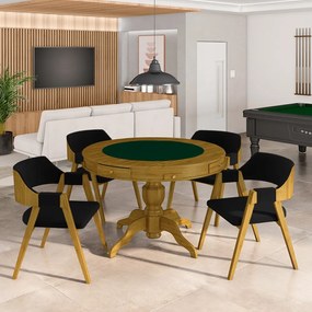 Conjunto Mesa de Jogos Carteado Bellagio Tampo Reversível e 4 Cadeiras Madeira Poker Base Estrela Veludo Preto/Mel G42 - Gran Belo