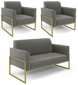Sofá Namoradeira com 2 Poltronas Base Industrial Alta Dourado Marisa Suede Grafite D03 - D'Rossi