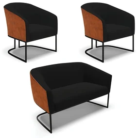 Namoradeira e 2 Poltronas Industrial Preto Stella Noz/Linho D03 - D'Rossi - Preto