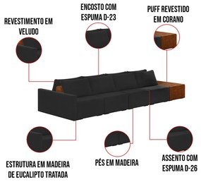 Sofá Ilha 4 Lugares Living 512cm Modulado para Sala Lary Veludo K01 - D'Rossi - Preto