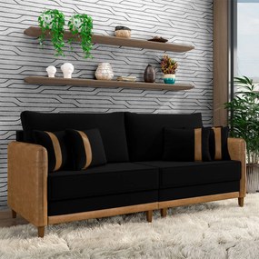 Sofá Living Montecarlo 3 Lugares Bipartido 232cm Pés em Madeira Veludo/PU Preto/Caramelo G33 - Gran Belo