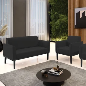 Conjunto Poltrona e Namoradeira Decorativa Isabella Pés Fixo em Madeira Preto Veludo Preto G19 - Gran Belo