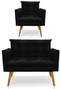 Kit 1 Sofá Namoradeira e 1 Poltrona Tais Suede Preto Pés Palito Castanho - D'Rossi