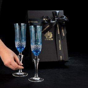 Kit Presente de 2 Taças de Cristal p/ Champagne Strauss Lapidado 240ml Azul Claro