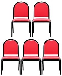 Kit 5 Cadeiras Hoteleiras Auditório Empilhável Sintético M23 Vermelho