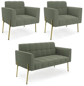 Namoradeira e 2 Poltronas PĂ© de Ferro Dourado Elisa BouclĂŞ Verde Pistache D03 - D'Rossi