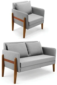 Kit 1 Sofá Namoradeira e 1 Poltrona Lana Suede Cinza Base de Madeira - D'Rossi