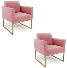 Kit 2 Poltronas Base Industrial Dourado Marisa Suede RosĂŞ D03 - D'Rossi
