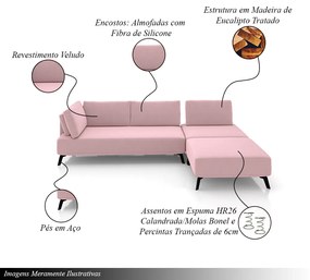 Sofá de Canto Modulado 302cm Sabrina Pés em Aço com Puff Veludo Rosê G52 - Gran Belo