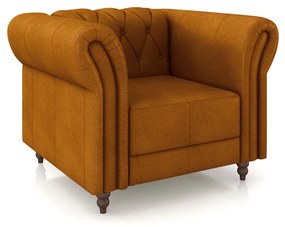 Poltrona Decorativa Sala de Estar Stanford Chesterfield Pés de Madeira Couro Mel G58 - Gran Belo