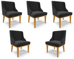 Kit 5 Cadeiras Decorativas Sala de Jantar Base Fixa de Madeira Firenze Veludo Preto/Castanho G19 - Gran Belo