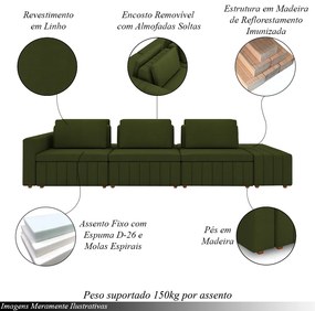 Sofá Ilha com Encosto e Almofadas Móveis Olimpo 395cm Modulado Linho Verde G45 - Gran Belo