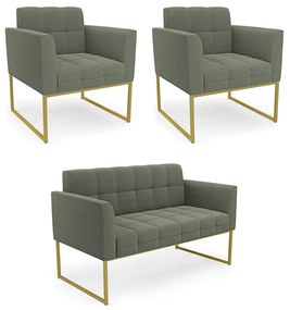 Namoradeira e 2 Poltronas Industrial Dourado Elisa Bouclê Verde Pistache D03 - D'Rossi