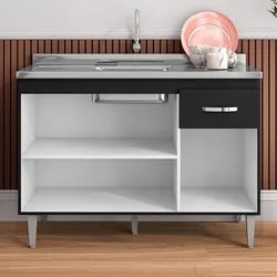 Balcão Gabinete Com Pia Inox 120cm 3 Portas e 1 Gaveta Gabriela Preto