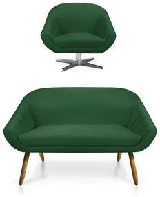 Kit 01 Namoradeira 02 Lugares e 01 Poltrona Giratória Giovana Suede Verde Base Cromada - D'Rossi