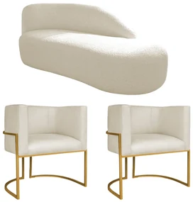 Kit DivĂŁ Luna 160cm Lado Direito e 02 Poltronas Base de Ferro Dourado Linho