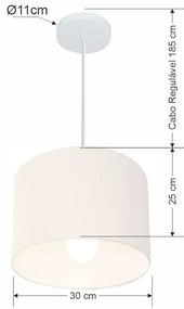 Lustre Pendente Cilíndrico Md-4113 Cúpula em Tecido 30x25cm Branco - Bivolt