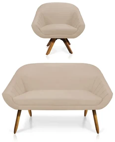 Kit 01 Namoradeira 02 Lugares e 01 Poltrona GiratĂłria Giovana Suede Bege Base Madeira MM30 - D'Rossi