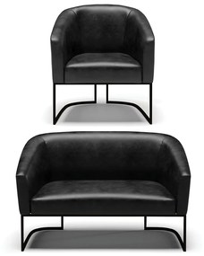 Sofá Namoradeira e Poltrona Base Industrial Preto Stella Sintético PU Preto D03 - D'Rossi