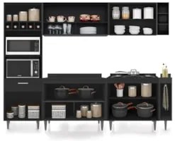 Armário de Cozinha Com Tampo CP07 260cm Pérola Preto Z34      - Mpozen