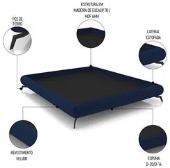 Cama Queen Base Box 158x198cm Pés de Ferro Cold P02 Veludo Azul - Mpoz