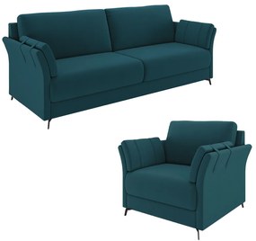 Conjunto Poltrona e Sofá Decorativo Violet 2 Lugares 164cm Pés em Alumínio Preto Veludo Azul Marinho G45 - Gran Belo